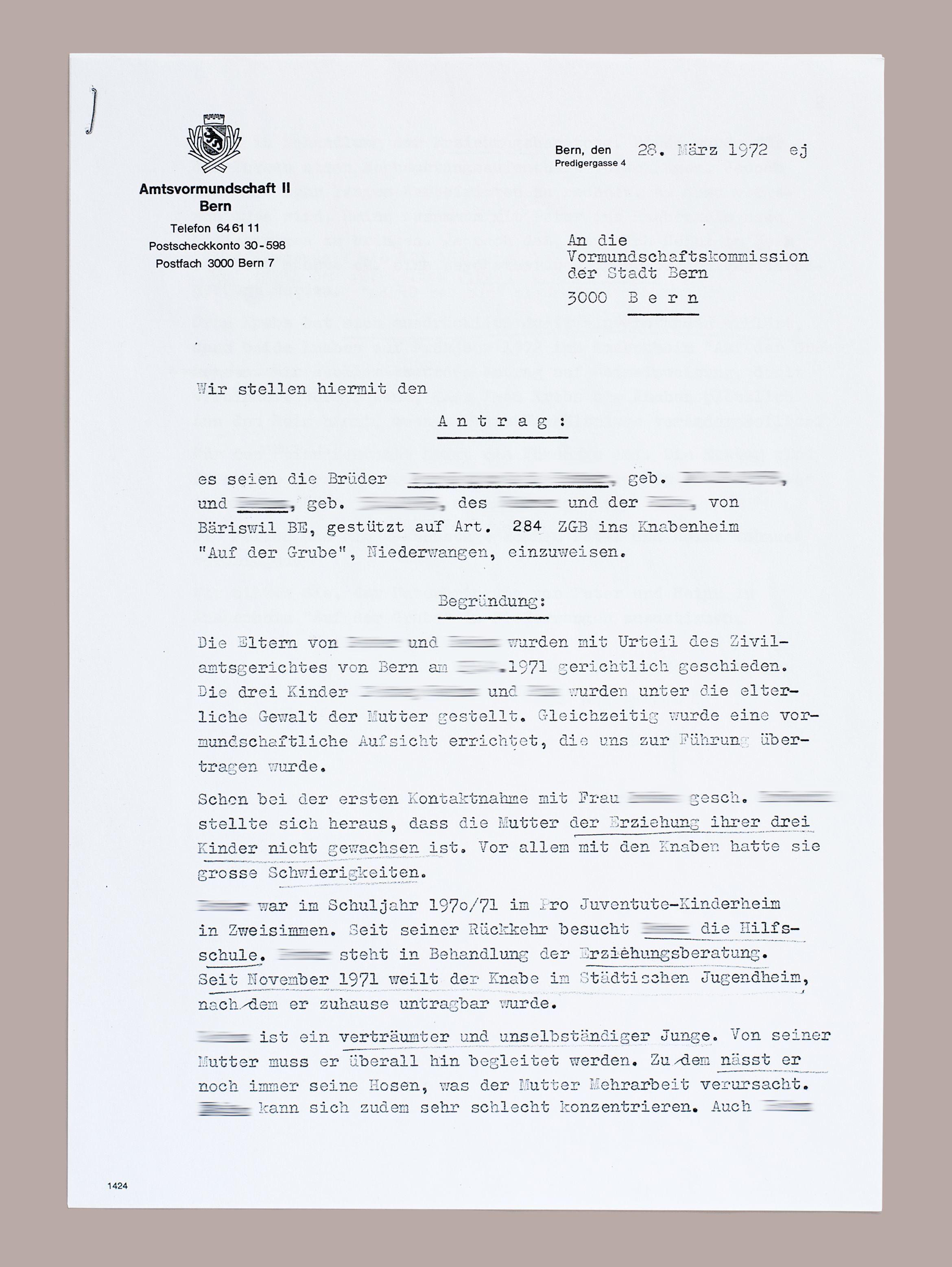 Copy of a letter. Guardianship removal decision by the Bern Official Guardianship Authority, 1972.