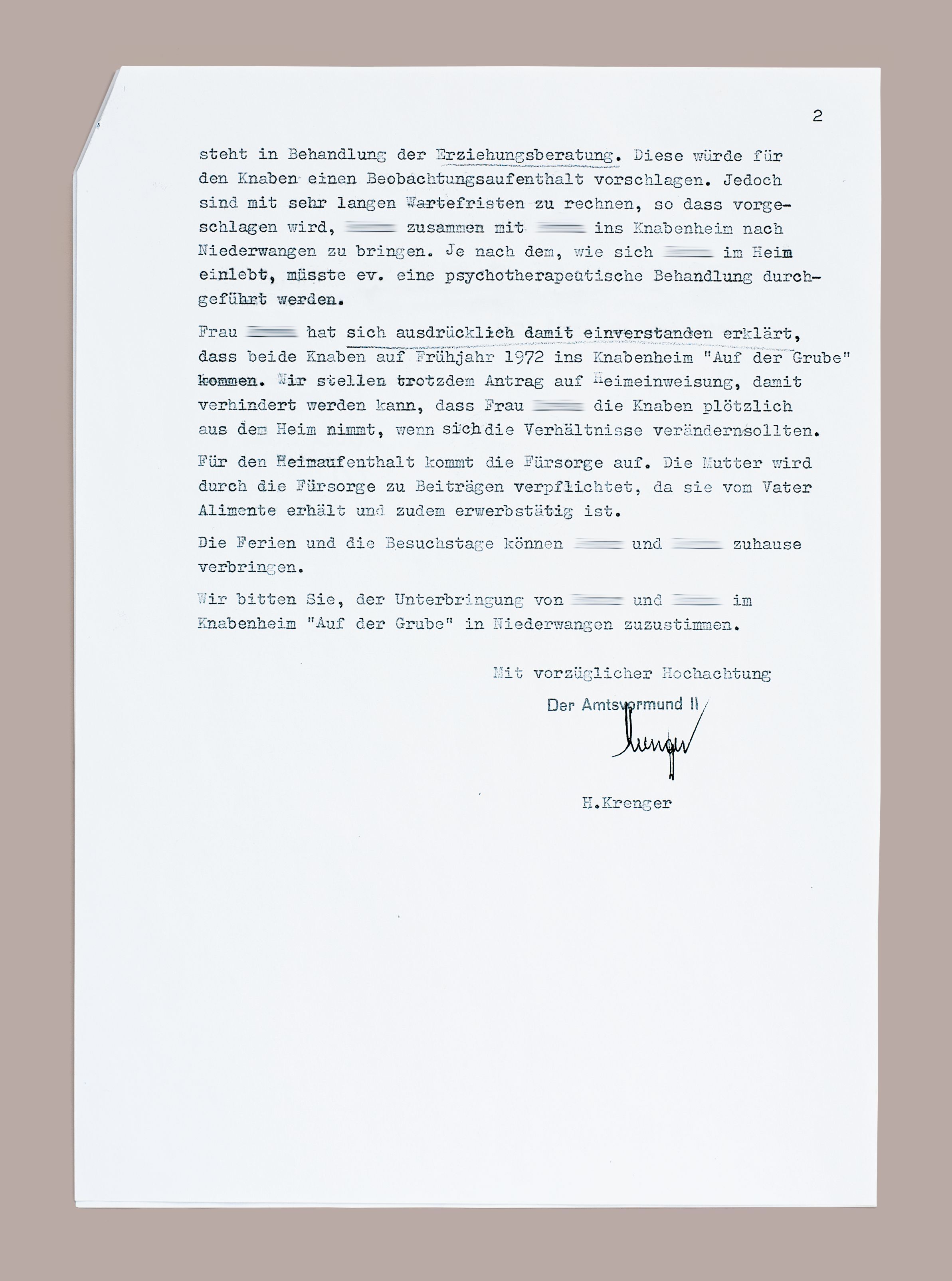 Copy of a letter. Guardianship removal decision by the Bern Official Guardianship Authority, 1972, page 2.