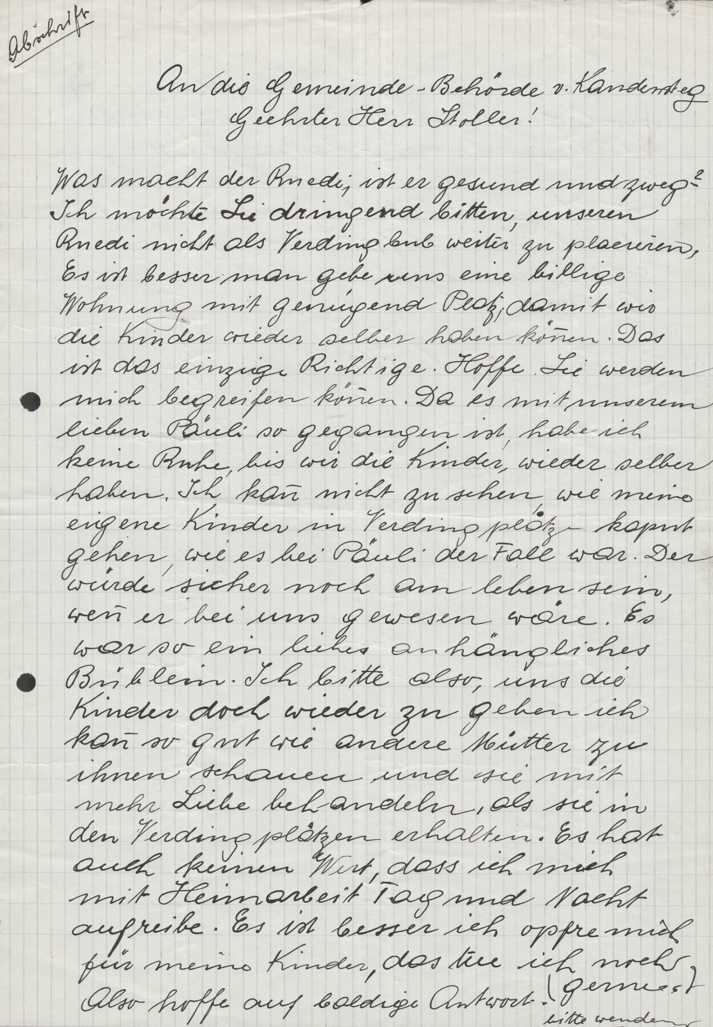 Transcript of a letter from a mother whose child was sent away to work and died. 1945.