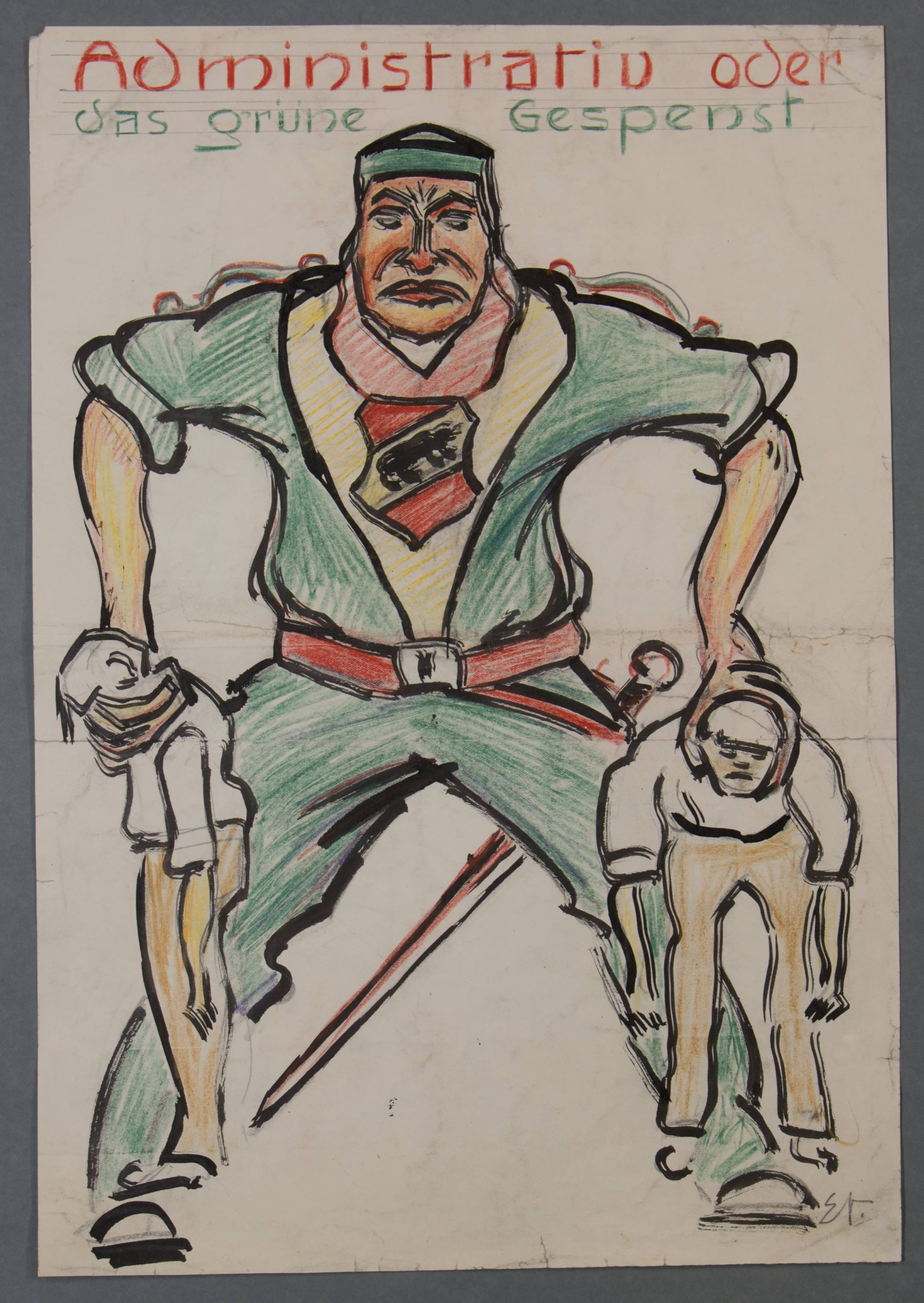 Drawing of a man in a green uniform grabbing two smaller men by the neck.