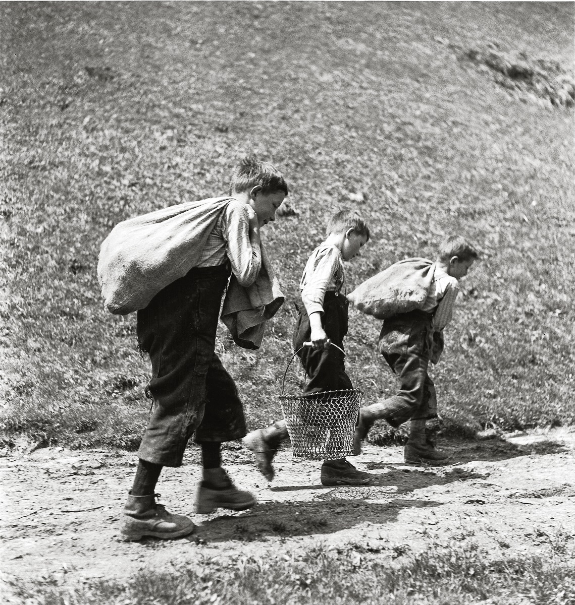 Black-and-white photograph of three boys. Two are carrying sacks of potatoes, one is carrying an empty metal basket. They are walking along a dirt road. Taken in 1941 in Entlebuch, Romoos.