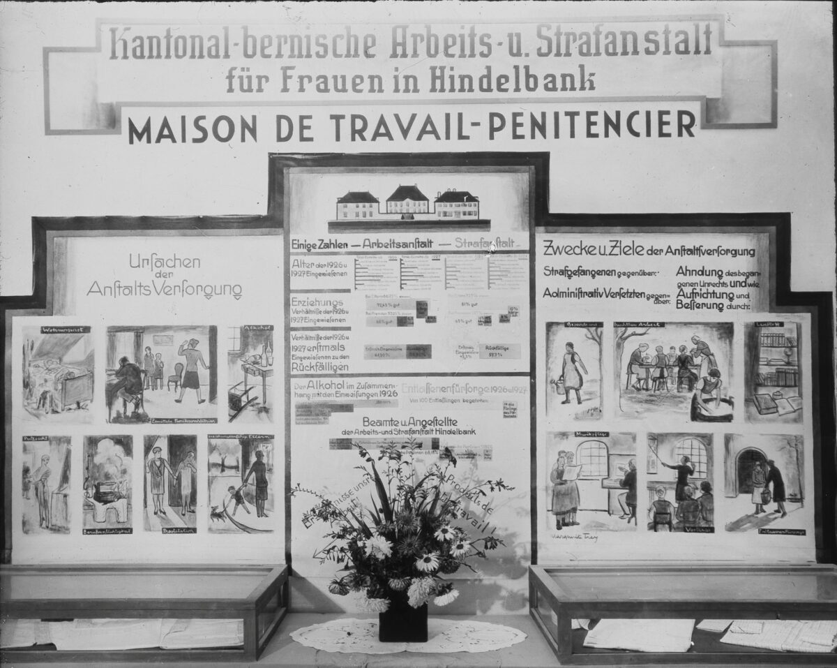 Black-and-white photograph of an exhibition panel at the Cantonal Bernese Workhouse and Penitentiary for Women in Hindelbank. The picture was taken at the SAFFA (Swiss Exhibition for Women's Work) in Bern in 1928. The panel describes the reasons for institutional care, presents statistical data on the inmates of the labour camp and penal institution, and illustrates the purpose and objectives of the institution with regard to prisoners and those who have been administratively ‘transferred’ there.