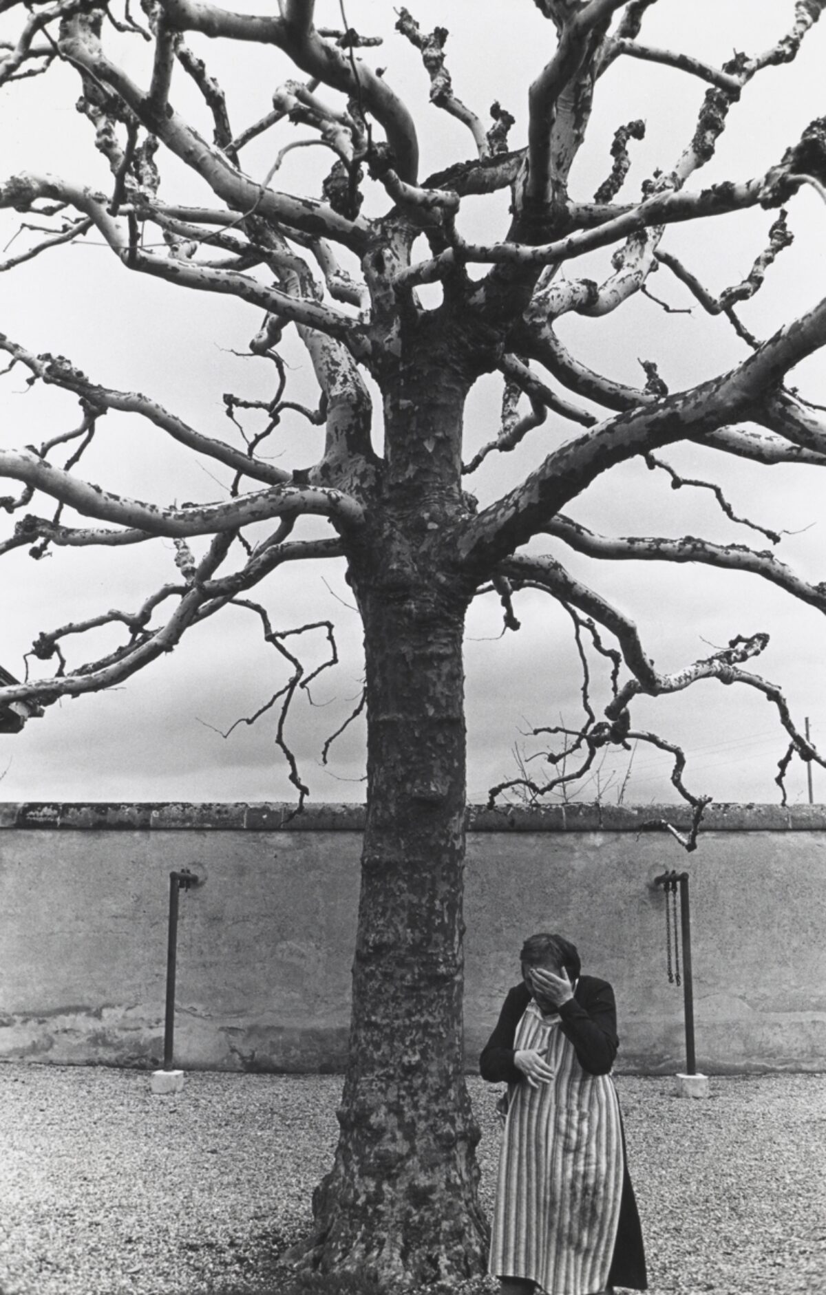 Black-and-white photograph of a woman under a bare tree. The woman is holding her hand in front of her face, which is therefore not visible. The image conveys loneliness and hopelessness. It was taken in 1971 at the Psychiatric University Hospital in Münsingen.