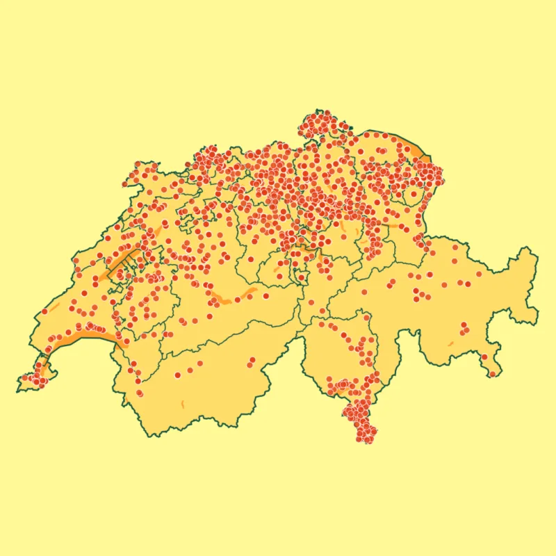 Map of Switzerland with the historical landscape of institutions and homes