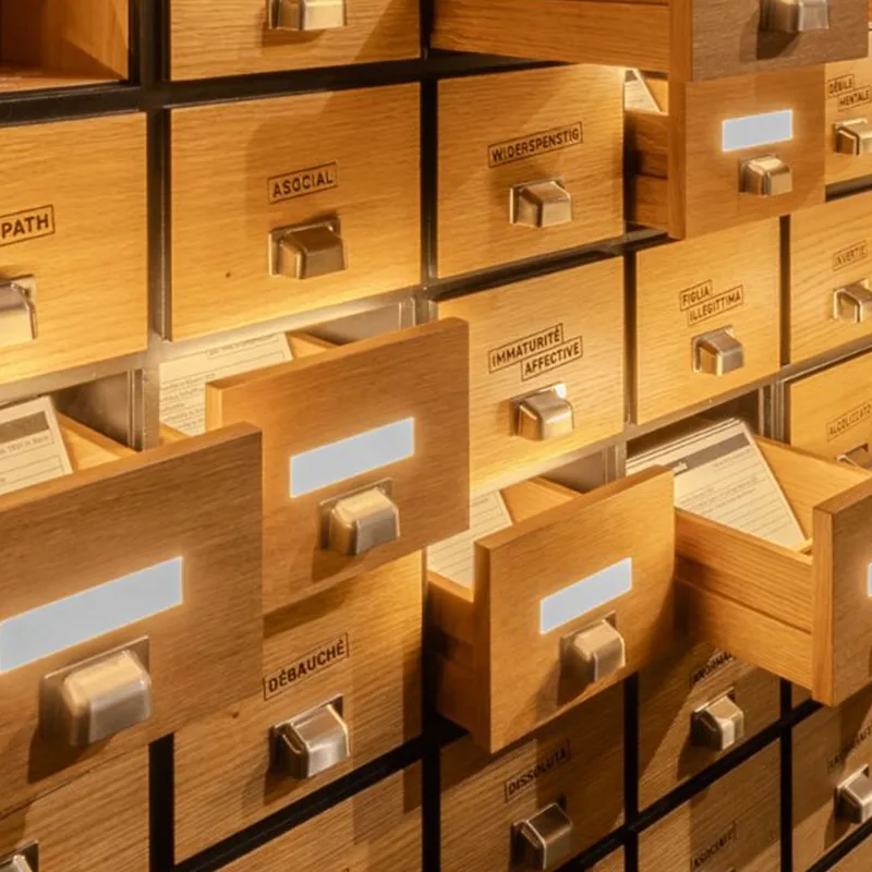 Drawers from the exhibition "FOSTERED. LOCKED AWAY. FORGOTTEN?"