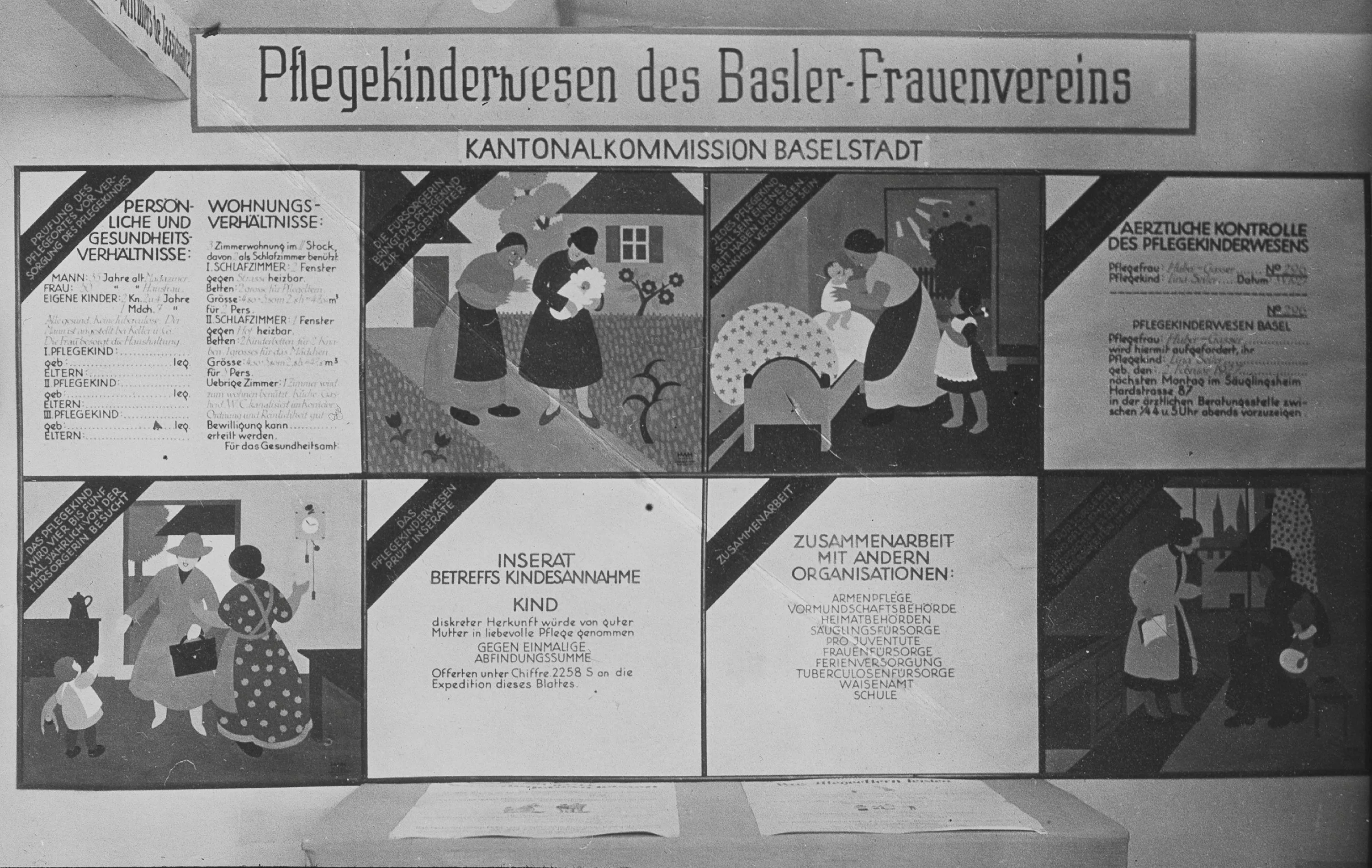 Black-and-white photograph of an exhibition panel on the subject of foster care by the Basel Women's Association. The picture was taken at the SAFFA (Swiss Exhibition for Women's Work) in Bern in 1928.